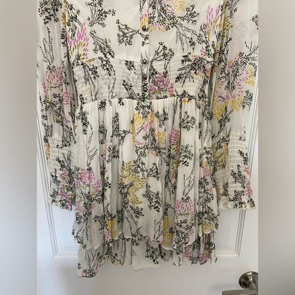 Free People White Sheer Floral Puff Long Sleeve Collared Button Up Flowy Dress - Picture 7 of 15